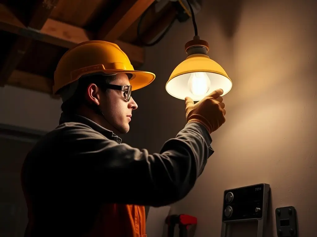 An electrician safely installing a new light fixture, emphasizing safety and compliance with electrical codes.