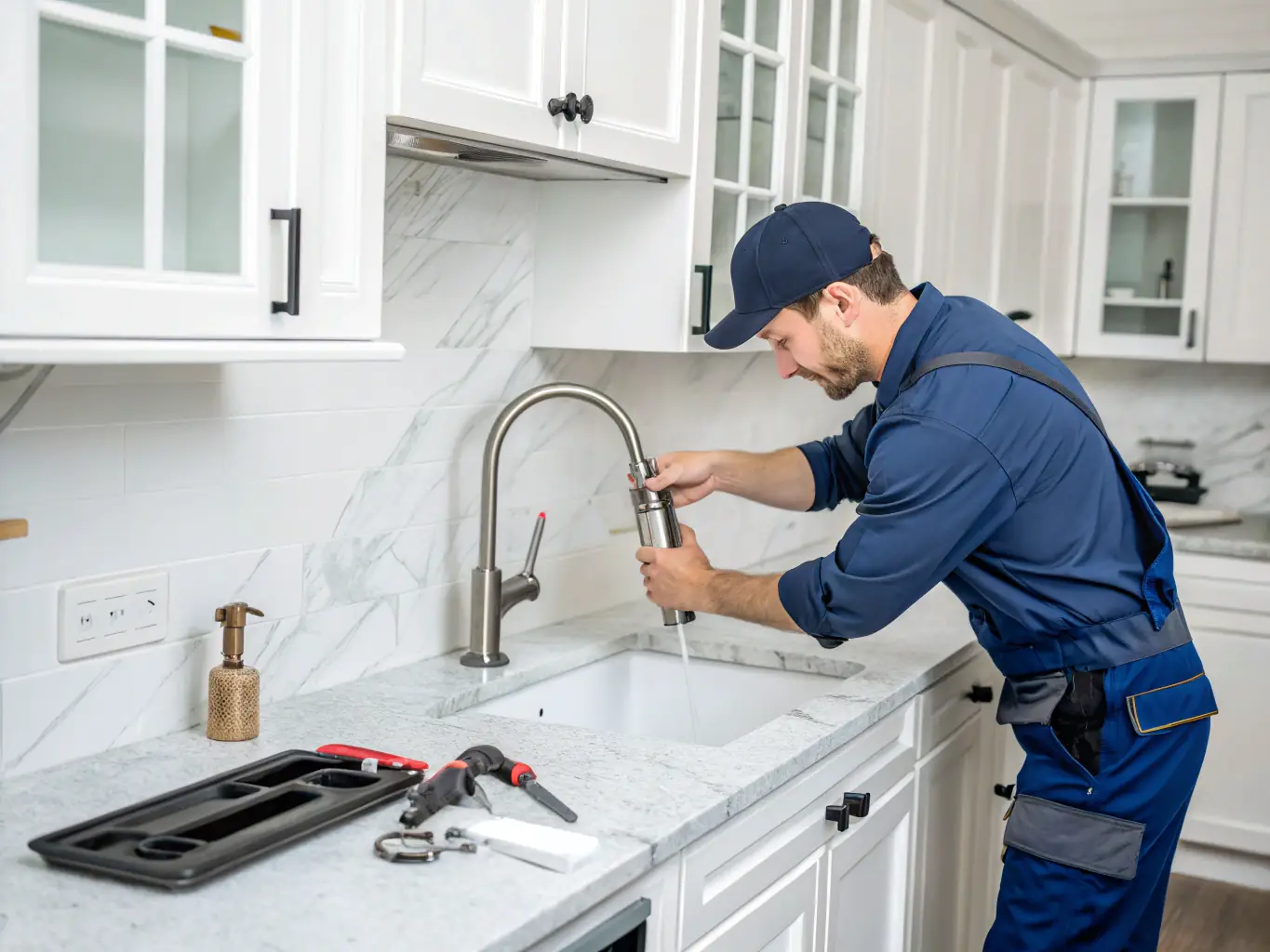 A plumber installing a new faucet in a kitchen, demonstrating expertise and precision.