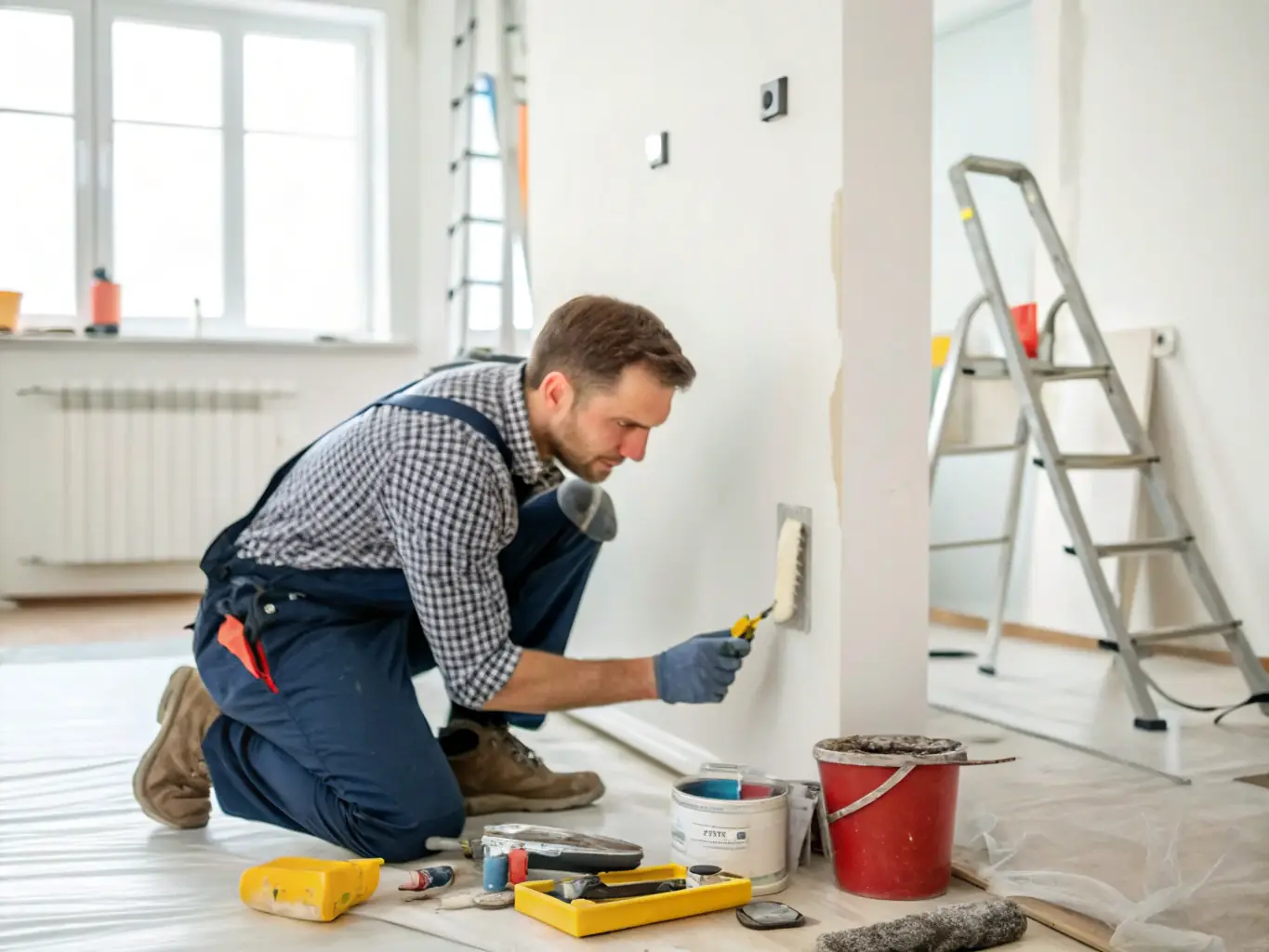 A handyman expertly repairing a drywall patch in a modern living room, showcasing attention to detail and quality workmanship.